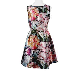 Nicole Miller Reversible Satin Dress SZ 8, Floral and Navy, Full Length Back Zip